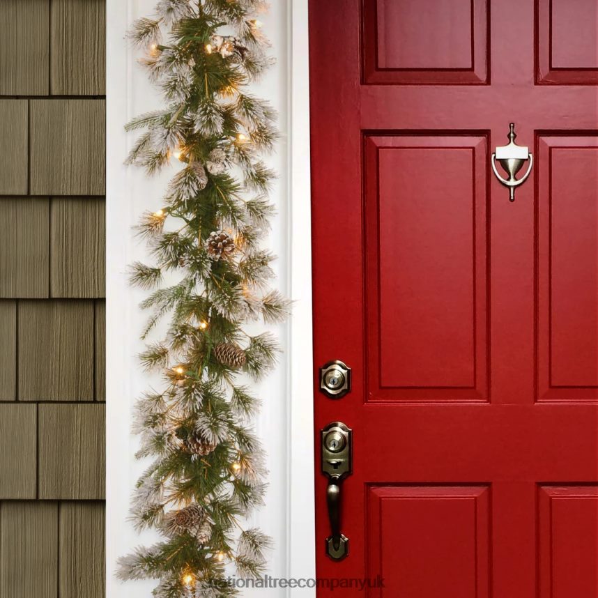 Greenery | National Tree Company Pre-Lit \Feel Real\ Artificial Christmas Garland Green Liberty Pine White Lights Decorated With Pine Cones Frosted Branches Plug In Christmas Collection 9 Feet